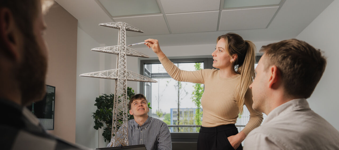 Projektbesprechung bei Cteam: Ingenieure analysieren Freileitungsmodell für Energieinfrastruktur-Projekte.