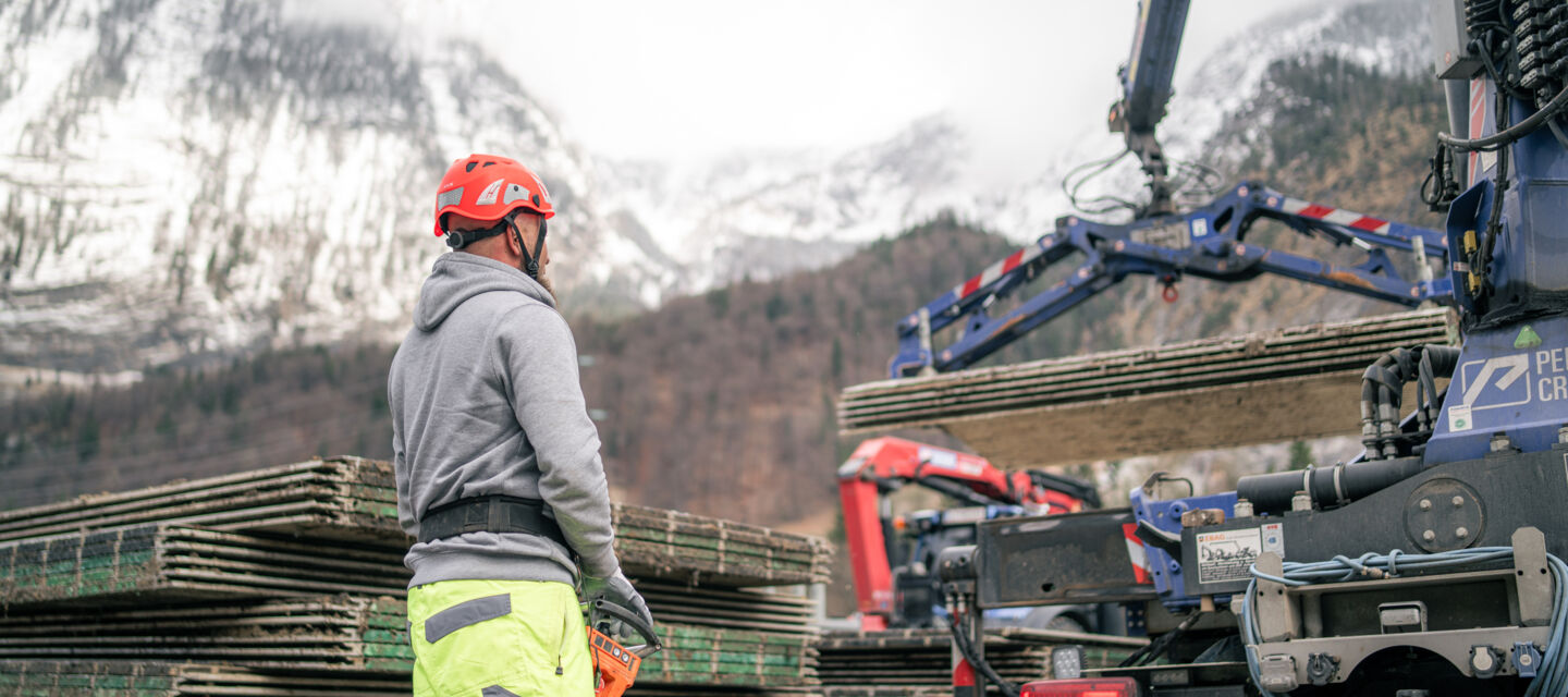 Bauarbeiter mit Fernsteuerung überwacht Materialverladung per Kran für Cteam Projekte.